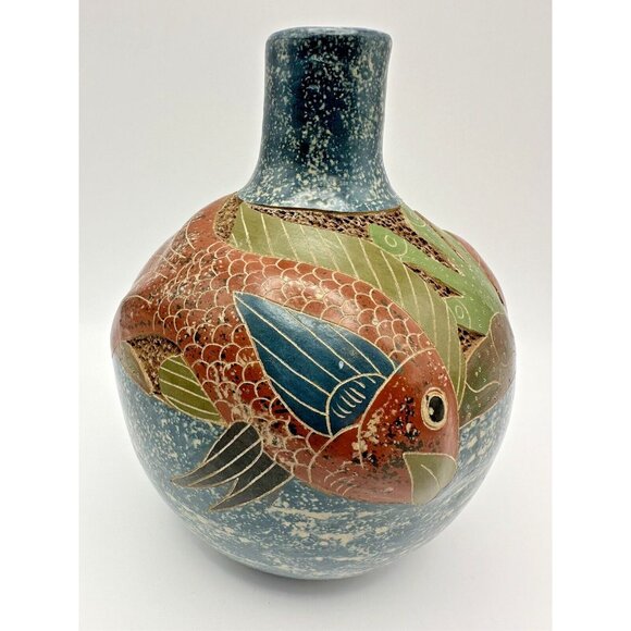 Vintage Original Roger Calero Nicaragua Clay Pottery Vase Fish & Coral - Picture 1 of 7
